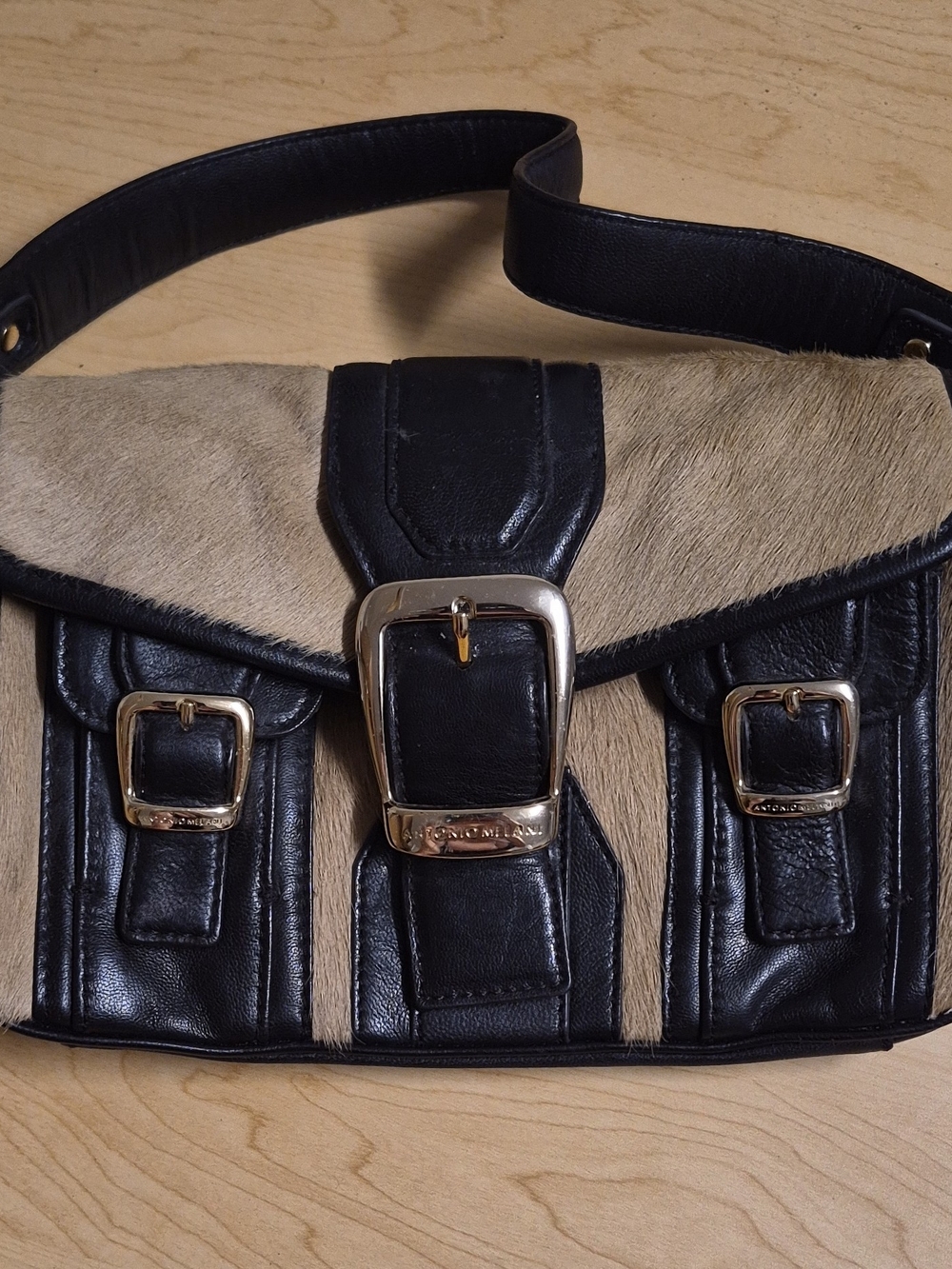 ANTONIO MELANI Black and Beige Leather & Haircalf Shoulder Bag with Gold Buckles